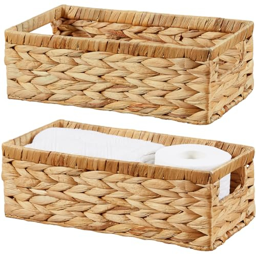 Vagusicc Water Hyacinth Storage Baskets with Handles, Handwoven Set of 2 Wicker Storage Baskets for Shelves, Toilet Paper Basket, Small Wicker Baskets Shelf Organiser Hamper for Bathroom (35x15x12cm)