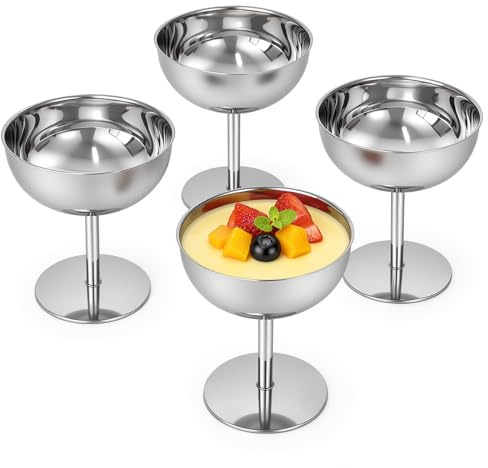 Epicover 4 Pcs Ice Cream Cups, 7.9 x 7.9 x 4.7 in Stainless Steel Dessert Bowls, Food-Safe Metal Sundae Cups, Elegant Pedestal Design, Silver Polished Finish for Puddings, Fruit, or Snacks