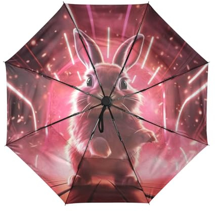 Linnyio Conejo De Luz De Lujo Rojo Paraguas de Viaje Resistente al Viento Apertura Cierre AutomáTicos,Compacto con ProteccióN Solar UPF 50+ Ideal para JóVenes Chicas