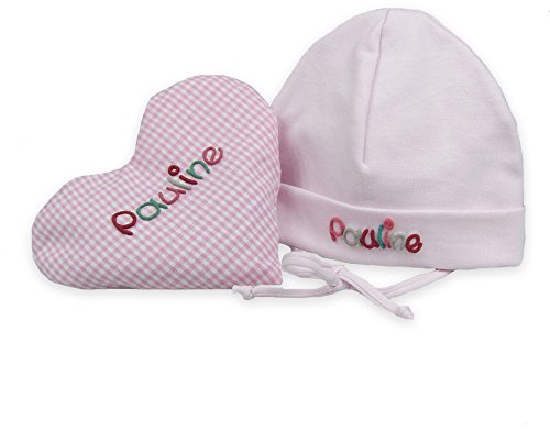 Rosa Baby Geschenkset 2-teilig mit Namen, aus Wärmekissen und Babymütze Geschenk zur Geburt, Taufgeschenk für Baby Jungen