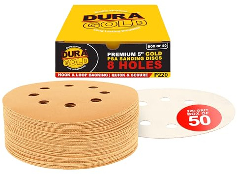 Dura-Gold Premium 220 Grit 5 Sandpaper Discs, 8 Hole Pattern Dustless, 50 Discs - Hook & Loop Backing for Orbital DA Sander, Detailing Finishing Color Sanding Automotive Paint Woodworking