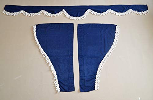 Lot de 3 rideaux bleus en velours avec pompons blancs pour pare-soleil avant + fenêtres latérales pour camions TGS, TGA, TGX