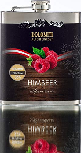 DOLOMITI Himbeer Schnaps Flachmann - Himbeer Premium Spirituose 35% vol. - robuster, edler Flachmann aus Edelstahl - 0.2 Liter- Ideal für unterwegs
