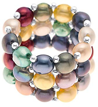 PEARLS & COLORS - Anello 3 File Vere Perle Coltivate d'Acqua Dolce 3-4 mm - Qualità AAA+ - Misura adattabile - disponibile in diversi colori - Gioielli Donna