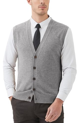 Kallspin Gilet Cardigan da Uomo con Scollo a V e Bottoni in Misto Lana（Grigio Chiaro，M）