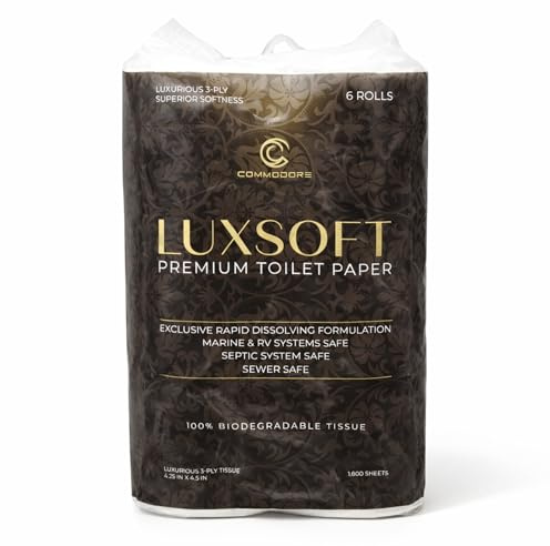 COMMODORE LUXSOFT Deluxe RV Toilet Paper (6 Rolls) - 3 Ply Premium Soft Quick Dissolving Septic Safe Marine 300 Sheets/Roll Boat Camper Bath Tissue Luxury Absorbent Comfort White