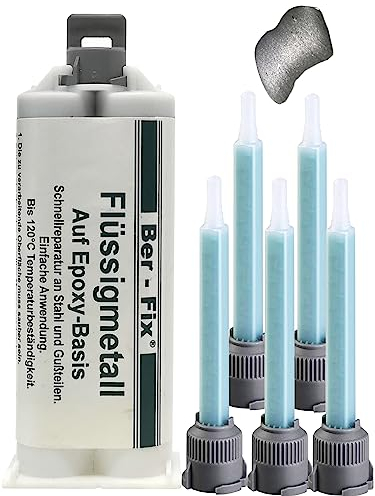 Ber-Fix 50g Flüssigmetall + 5 Spitzen, hitzebeständig, 2 Komponenten Kleber, Metallkleber, Metallspachtel, Kaltmetall, 120°C