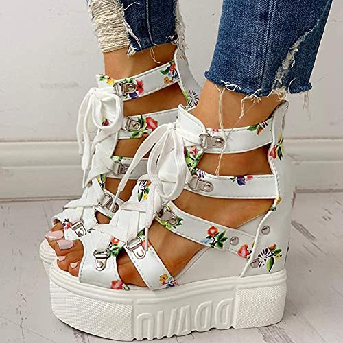 LONG-M Damen Plateau Sandale Mit Keilabsatz Ethno Nieten Römersandalen Zehen Und Atmungsaktiven Sandalen,Weiß,43