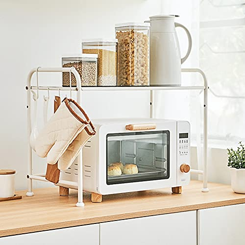ACXZ Estante de Cocina para Horno microondas Encimera, Rejilla de Almacenamiento de Metal de una Sola Capa Ajustable en Altura con Ganchos, Blanco (56 × 30 × 43,5 cm)