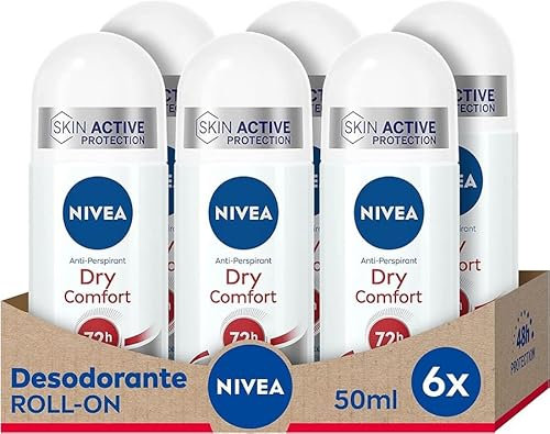 NIVEA Dry Comfort Roll-on Deodorante antitraspirante con protezione 72 ore, Confezione da 6 (6 x 50 ml)
