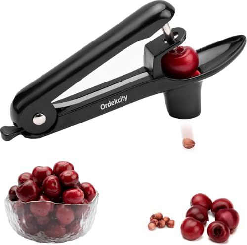Cherry Pitter - Ordekcity Stainless Steel Cherries Corer Pitter Tool with Hand-held Push Design, Save Time & Space for Making Cherry Jam with Lock Design(Black)