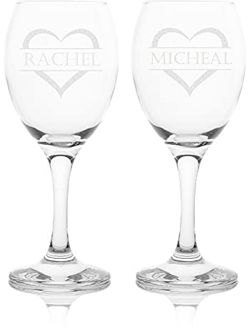 EIO Gifts Personalised Heart and Name Wine Glass Gift Set in Silk Lined Presentation Boxes - Enter Your Custom Engraving