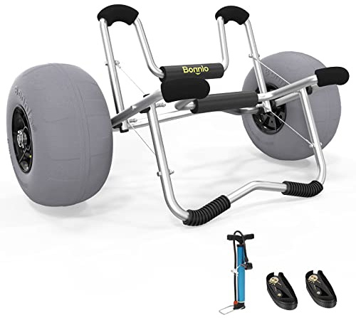 Bonnlo Deep U Kayak Cart Trolley Canoe Paddle Board Boat Cart Carrier Dolly with 12 Big Beach Wheels Balloon Kayak Wheels Cart Foldable, Free Pump, 2 Ratchet Straps- Perfect for Soft Sand (Silver)