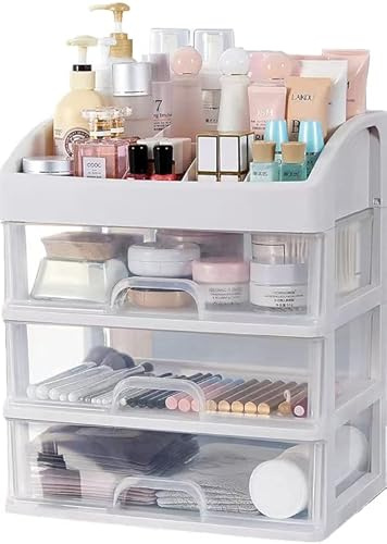 Freebirdly Makeup Organizer with 3 Drawers Plastic Storage for Vanity Cosmetic Display Cases Large Capacity Bathroom Countertop Plastic Storage for Skin Care Products(Arc Type)