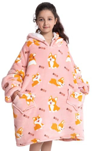 Wenlia Oversize filt huvtröja för barn och flickor, kvinnor, vuxna, tonåringar och barn, supervarm sherpa-huvtröja, stor filt med fickor., 7-13 anni