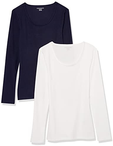 Amazon Essentials Women's Slim-Fit Ribbed Scoop Neck Jumper (Available in Plus Size), Pack of 2, Navy/White, L