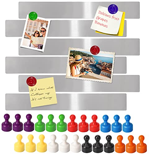 6 Stück Magnettafeln Memotafel Selbstklebend, 24 Stück Starke Magnetstifte, Magnetleisten Fotowand Büro Pinnwand, Magnettafel Metallband Magnetboard für Kühlschrank, Dokumente, Fotos, Küchen