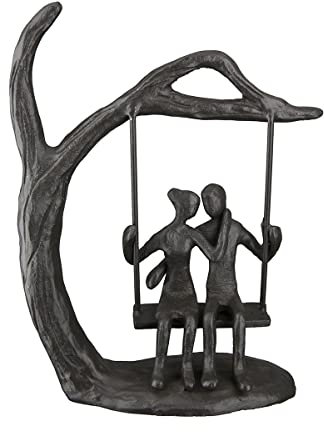 Generisch MF Eisen Design Skulptur Lovers brüniert, Paar auf Schaukel am Baum NEUHEIT mit Spruchanhänger Geschenkidee für Romantiker