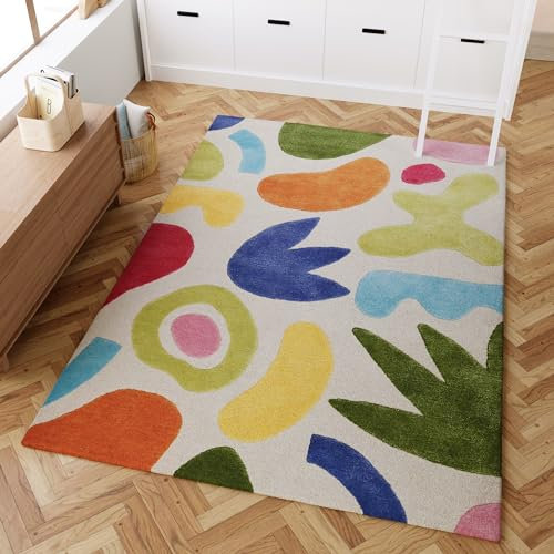 Wecon Home Bunter, handgetufteter Kinderteppich mit fröhlichen Motiven der Marke Smart Kids für das Kinderzimmer – Kimi (160 x 230 cm, Creme beige)
