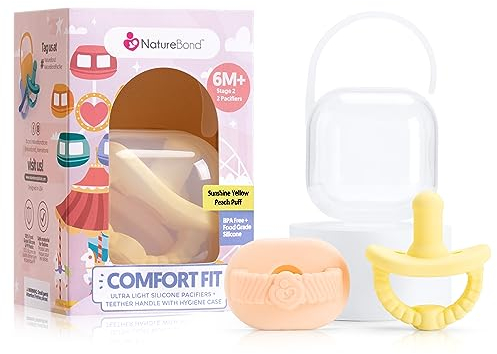 NatureBond Baby Pacifier Dummy Soother Silicone Binky Newborn Teether Pacifiers 2 in 1, Ultra-Light, Curved for Comfort | Hygiene Cover | (6 Months Above, Sunshine Yellow and Peach Puff)