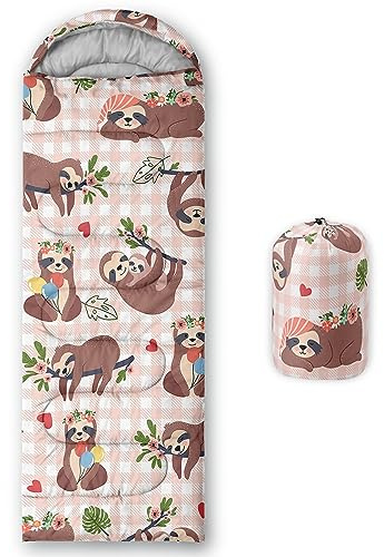 QOOMO Niedlicher Cartoon-Faultier-Schlafsack, bedruckt, 3 Jahreszeiten, warmes und kühles Wetter, leicht, wasserdicht, Schlafsäcke für Erwachsene und Kinder, Reisen und Outdoor, Campingausrüstung,