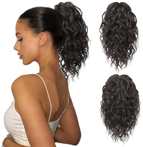 FLUFYMOOZ Ponytail Extension, 31CM kurze Klauen Pferdeschwanz Haarverlängerung, gewellte, lockige Pferdeschwanz mit Kinnclip, synthetische Perücken für Frauen Schwarzbraun