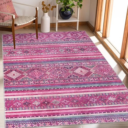 NETLINE HOME Waschbarer Flachgewebeteppich, rutschfest, Boho Vintage Teppich, faltbar für Wohnzimmer, Küche & Schlafzimmer – Rosa