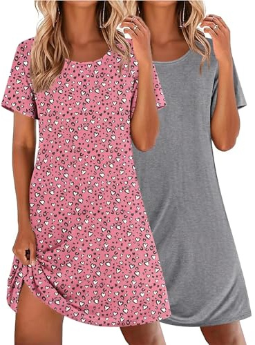 Ekouaer Nattlinnen för kvinnor 2-pack nattskjortor kortärmad sovkläder mjuk sovklänning solid/tryckt nattklänning, S-XXL, Rosa hjärta + grå, L