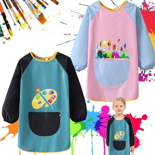 Malkittel Kinder,2 Stück Malschürze Kleinkinder Wasserdichte Kinder Malkittel Bastelschürze mit Ärmeln,Kunstschürzen für Kinder 6-12 Jahre Junge und Mädchen Tuschkittel für Schule Kunst Basteln Kochen