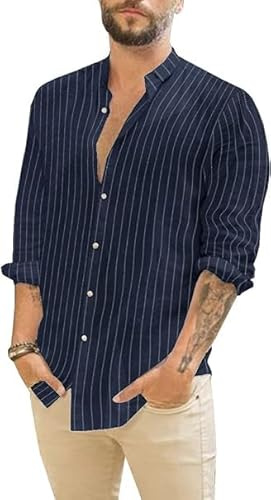 Runcati Camicia in lino, da uomo, estiva, a maniche lunghe, a righe, per il tempo libero, in cotone, vestibilità regolare, Blu scuro, M