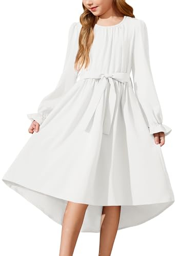 Arshiner Robe Mousseline de Soie Fille Robe de Fête à Manches Longues Robe de Soirée Trapèze Robes de Communion Enfants Robes de Fleur Bal Mariage Blanc 7-8 Ans