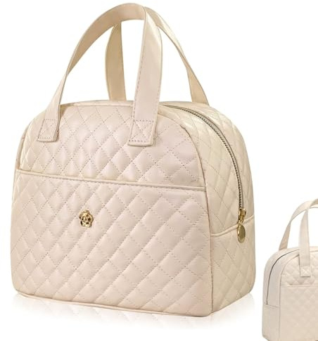 SMELEYOU Bolsa de Almuerzo de Piel Sintética Impermeable y Reutilizable para Mujer, Lonchera Multiusos Beige para el Trabajo