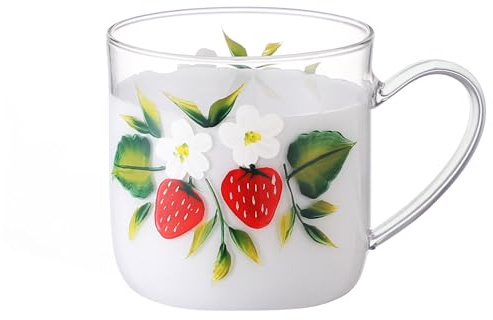 Cottea 12 oz/350 ml Handbemalte Wassergläser Mit Henkel, Kaffeetassen Aus Klarem Glas, Teetasse Für Heiße Getränke, Latte Gläser, 1 Packung. (Erdbeere)