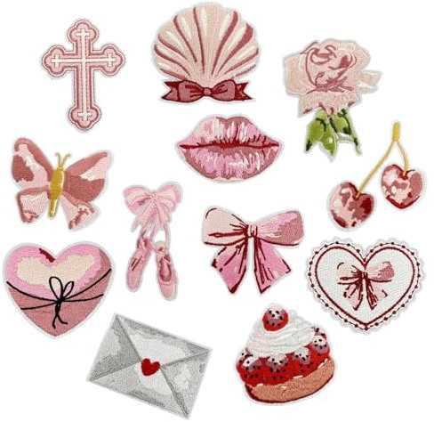 Cosmeria Set mit 12 Bügelflicken, rosafarbenen Bügelflicken für Kleidungsstücke, DIY-Flicken mit Ballettschuhen, Schleifen, Herzen und mehr, perfekt für Mädchen