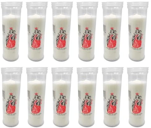 Tradineur - Pack de 12 velones santos Nuestra Señora del Carmen, velas litúrgicas de parafina y cera vegetal, decoración de iglesias, cementerios, tumbas (Blanco – 18,3 cm)
