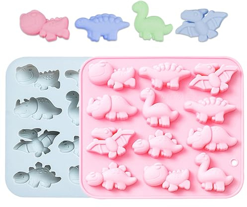 Honicemar 12 Löcher Dinosaurier Silikonform 2 Stück Cartoon Tier Silikonbackformen Pralinenform Antihaft Flexible Silikon Form für Kuchen Gelee und Mousse, Ideal für DIY Projekte in der Küche