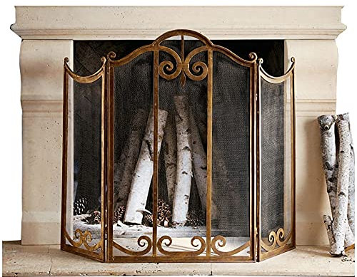 Dekorativer Messing-Kaminschutz, 3 Paneele, faltbarer Feuerschutz mit Metallgitter, Funkenflammenschutz, Schmiedeeiserner Rahmen, Messing-Finish, Heimdekoration, unverzichtbar