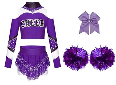 inhzoy Kinder Mädchen Cheerleading Outfit Rock Oberteil Und Pompoms Haarschmuck Karneval Fasching Tanz Outfit Violett 122-128
