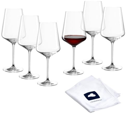 LEONARDO HOME Copas de vino tinto PUCCINI (juego de 6) con paño de pulido • Vasos de vino tinto aptos para lavavajillas (750 ml) • Resistente a los golpes y uso diario • Copas de vino tinto con mango