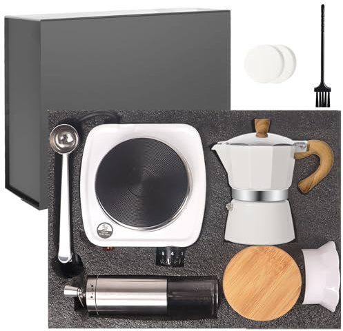 Vaolvpant 7-in-1 Aluminum Moka Pot Set with Electric Stove Hand Grinder Moka Dispenser Classic Stovetop Espresso Coffee Maker 150ml 5oz Mocha Express Portable Camping Travel Cafe Makers 3 Cup