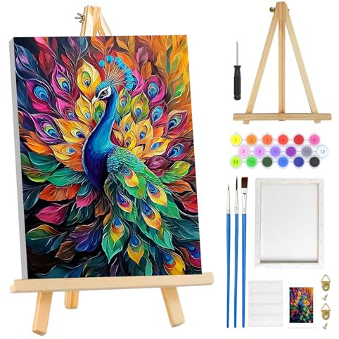 MOGTAA Paon Peinture Numero Enfant Adulte avec Cadre, Animaux Peinture par Numero Adulte avec Chevalet, DIY Numéro d'Art Kits, Loisirs Créatifs Adultes, pour décoration d'intérieur, 20x30cm