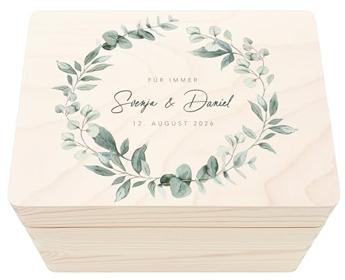 Erinnerungsbox Hochzeit personalisiert als Holzkiste fürs Brautpaar | Personalisiert, massives Holz, 30 x 20 x 13 cm, Holzkiste als Erinnerungskiste