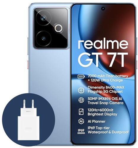 realme GT 7T 5G Smartphone,12+256GB,7000 mAh Battery,120W Charge,Dimensity 8400-MAX Chipset,IMX896 50MP Camera, AI Planner,6000nits Pro-Esports 120Hz Display,IP69,Blue,Amazon Exclusive