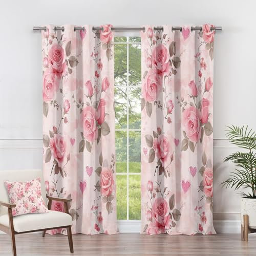 Pink Peony Blackout Window Panels Spring Summer Rose Decoration Thermal Insulated Curtains 3d Print Light Blocking Privacy Drapes with Grommet 2 Panels Set for Bedroom, W29.5 x L65.3 x 2 Panels