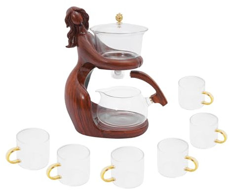 YOICUATGNA Kungfu Ensemble de théière en verre avec socle sculpté, théière avec infuseur à thé, semi-automatique avec 6 petites tasses, pour la maison/le bureau, sûr et durable