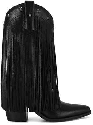GTBINGGO Black Fringe Cowboy Boots for Women Studded Mid Calf Cowgirl Booties Pointed Toe Chunky Heel Fashionable Western Boots for Country Music Festivals