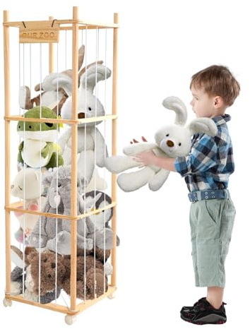 YCBTREE Kuscheltier Aufbewahrung mit Rollen, Großes Regal aus Massivholz mit 3 Ebenen & Bremse, Stofftier Aufbewahrung für Kinderzimmer & Spielzimmer