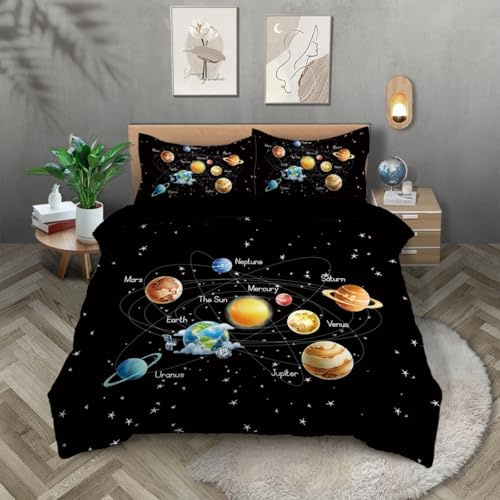 ZKTCYC Bettwäsche Planet Stern Sonnensystem Bettwäsche 135x200 Kinder Junge Mädchen Erwachsene Bettbezug Set Schwarz Kinderbettwäsche aus Mikrofaser mit Kissenbezug 80x80 cm