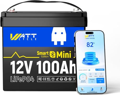 WattCycle 12V 100Ah LiFePO4 Lithium Battery with Bluetooth,Mini Size Built-in 100A Smart BMS, 15000+ Deep Cycles, Low-Temp Protection, Ideal for RV, Camper, Marine,Trolling Motor,Home Backup