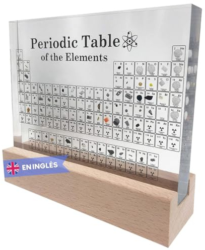 Tabla Periódica con Elementos Reales y Base de Madera con Luz Led Cálida - Póster Tabla de los Elementos Resina Transparente y Soporte - Regalo Química para alumnos, profesores, aulas, labs… (14-M2)